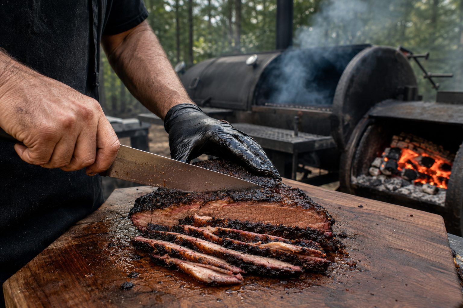 Pitmaster preparing smoked barbecue at an outdoor cooker